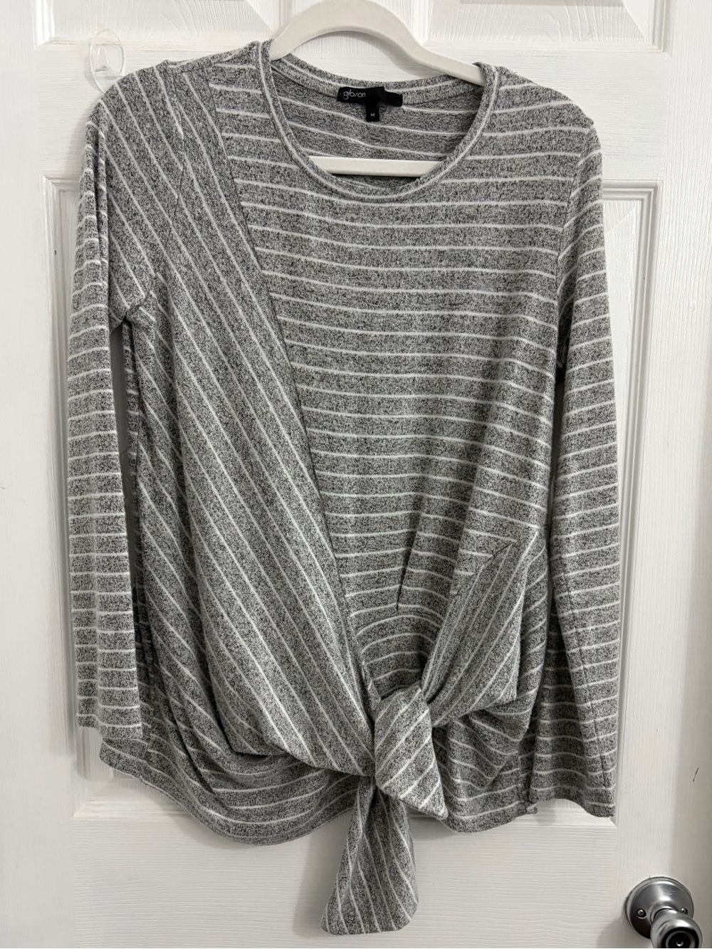 Gibson Gray & White Striped Tie-Front Long Sleeve Top. Size medium $10